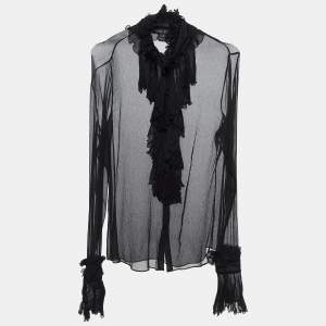 Ralph Lauren Black Silk Crepe Ruffled Shirt Top M
