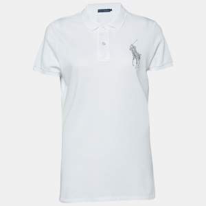 Ralph Lauren White Cotton Pique Logo Embellished Polo T-Shirt L