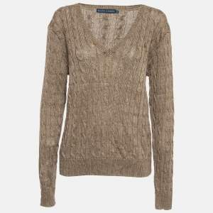Pre Owned Ralph Lauren Brown Linen Cable Knit V-Neck Sweater XL