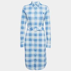 Ralph Lauren Blue/White Plaid Knit Oxford Cotton Belted Dress L