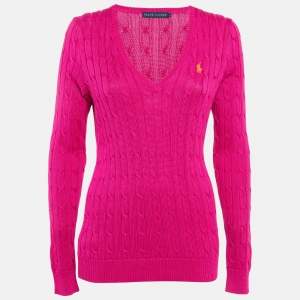 مملوكة مسبقًا Ralph Lauren Pink Cable Knit V-Neck Long Sleeve Sweater L