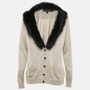 Ralph Lauren Beige Shearling Trim Collar Lurex Knit Button Up Cardigan L
