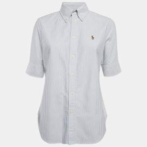 Pre Owned Ralph Lauren White/Blue Stripe Cotton Half Sleeve Shirt M
