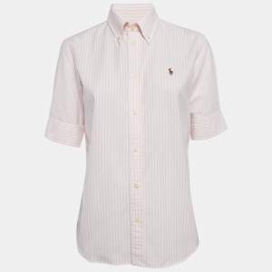 Pre Owned Ralph Lauren White/Pink Stripe Cotton Half Sleeve Shirt M