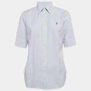 Pre Owned Ralph Lauren White/Blue Stripe Cotton Half Sleeve Shirt M