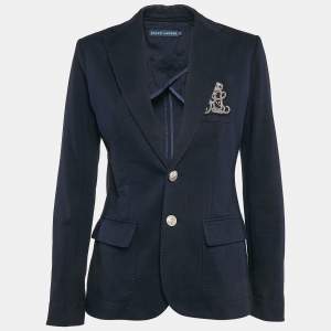 Pre Owned Ralph Lauren Navy Blue Logo Applique Cotton Single Breasted Blazer S