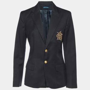 Ralph Lauren Black Wool Logo Embellished Single Breasted Blazer L