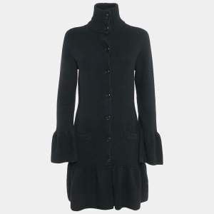 Pre Owned Ralph Lauren Black Cashmere Knit Ruffled Mid-Length Coat L