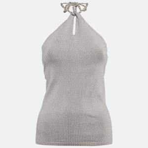 Ralph Lauren Grey Lurex Knit Tie-Up Halter Neck Top M