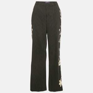 Ralph Lauren Black Embroidered Stripe Wool Wide-Leg Trousers M