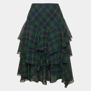 Ralph Lauren Green/Multicolor Plaid Crepe Tiered Midi Skirt S