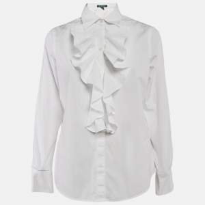 Pre Owned Ralph Lauren White Ruffled Cotton Long Sleeve Shirt M