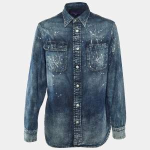 Pre Owned Ralph Lauren Navy Blue Painted Detail Denim Shirt S