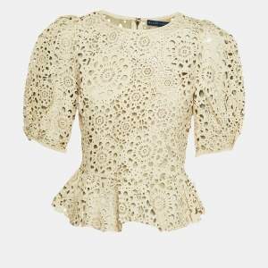 Ralph Lauren Cream Floral Cut Out Leather Peplum Top L