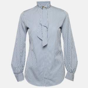 Ralph Lauren Blue Stripe Cotton Neck Detail Button Front Blouse S