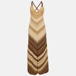 Ralph Lauren Brown Leather Trim Hand Knitted Maxi Dress S