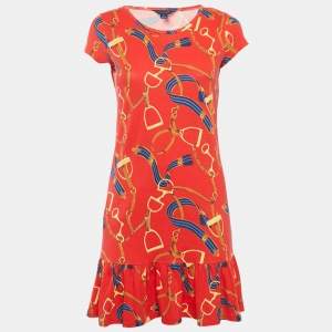 Ralph Lauren Red Printed Cotton Knit Ruffle Hem Mini Dress XL