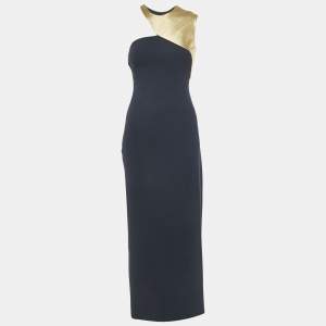 Pre Owned Ralph Lauren Blue/Gold Leather Trim Crepe Maxi Dress S