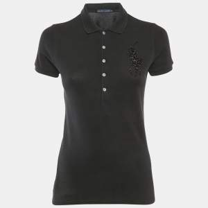 Pre Owned Ralph Lauren Black Beaded Logo Pique Polo T-Shirt M