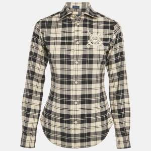 Pre Owned Ralph Lauren Navy Blue /Beige Flannel Cotton Blend Slim Fit Shirt S