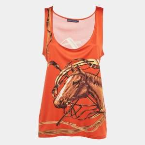 Pre Owned Ralph Lauren Orange Horse and Belt Print Jersey Tank Top S