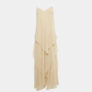 Pre Owned Ralph Lauren Beige Tulle Silk Ruffle Detail Maxi Dress S