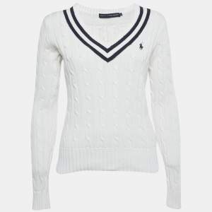 مملوكة مسبقًا Ralph Lauren Sports White Cable Knit V-Neck Sweater M