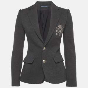 Pre Owned Ralph Lauren Grey Wool Blend RL Embroidered Logo Blazer S