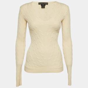 مملوكة مسبقًا سويتر رالف لورين كشمير كريمي مضلع بحياكة ضيقة مقاس صغير (سمول)