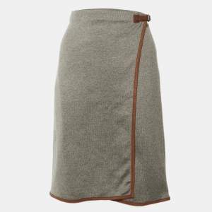 مملوكة مسبقًا Ralph Lauren Grey Knit & Leather Trim Wrap Skirt M