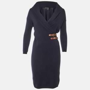مملوكة مسبقًا Ralph Lauren Navy Blue Cashmere & Wool Knit Buckle Detail Midi Dress S
