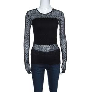 Pre Owned Ralph Lauren Black Patterned Silk Mesh Long Sleeve Top S