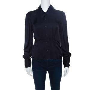 Pre Owned Ralph Lauren Navy Blue Silk Satin Pleat Detail Button Front Shirt S