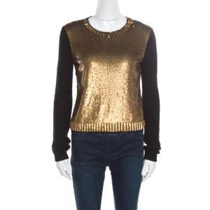 Pre Owned Ralph Lauren Collection Silk Knit Sequined Panel Front Crew Neck Sweater S