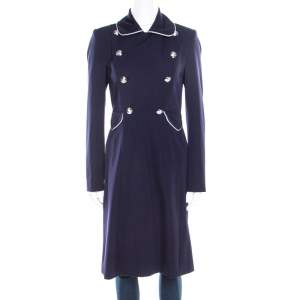Pre Owned Ralph Lauren Navy Blue Logo Button Detail Double Breasted Coat S