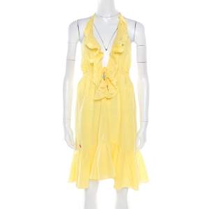 Ralph Lauren Yellow Crinkled Cotton Ruffled Halter Sundress M