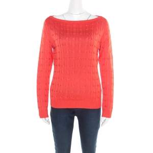 Pre Owned Ralph Lauren Coral Pink Silk Cable Knit Bateau Neck Pullover L