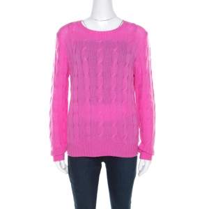 Pre Owned Ralph Lauren Pink Cable Knit Cashmere Crew Neck Pullover L