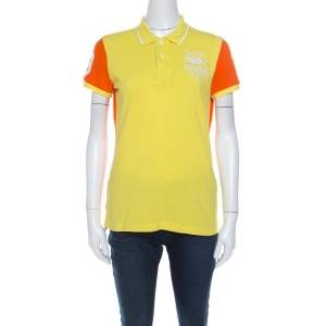 Pre Owned Ralph Lauren Yellow and Orange Honeycomb Knit Skinny Fit Polo T Shirt M 