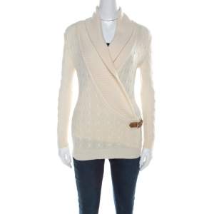 Pre Owned Ralph Lauren Cream Cable-Knit Cashmere Shawl Collar Strap Detail Jumper M