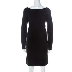 Pre Owned Ralph Lauren Black Stretch Knit Leather Trim Detail Shift Dress L 