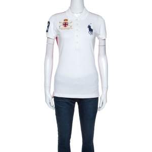 Pre Owned Ralph Lauren White Cotton Pique Logo Detail Skinny Polo T-Shirt M