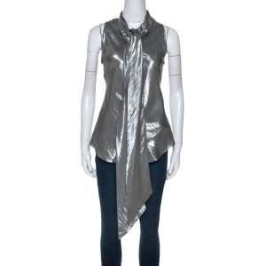 Pre Owned Ralph Lauren Silver Silk Blend Tie Neck Detail Button Front Top M 