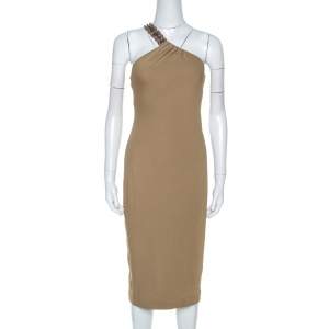 Pre Owned Ralph Lauren Khaki Stretch Knit One Shoulder Midi Dress S