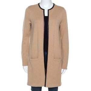 Pre Owned Ralph Lauren Beige Cashmere Knit Leather Trim Cardigan M