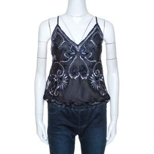 Pre Owned Ralph Lauren Navy Blue Embroidered Silk Drawstring Waist Detail Camisole M 