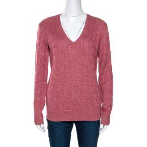Pre Owned Ralph Lauren Pale Red Linen Wool Cable Knit Jumper M