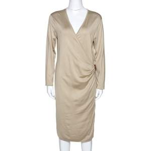 Pre Owned Ralph Laurent Beige Silk Knit Leather Strap Detail Fitted Dress L