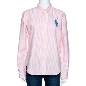 Pre Owned Ralph Lauren Pink & White Striped Cotton Super Slim Fit Shirt L