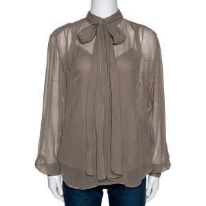 Pre Owned Ralph Lauren Khaki Silk Bow Tie Front Sheer Blouse S